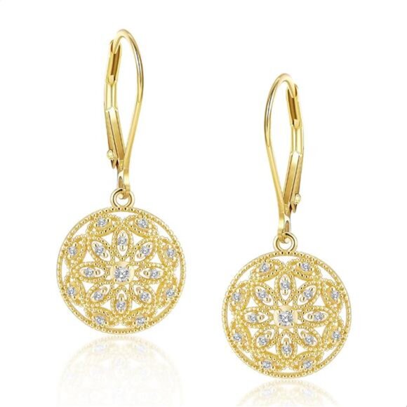 ✨ 14K Gold Leverback Dangle Earrings – CZ Circle Drop Sterling Silver Jewelry - Picture 1 of 5